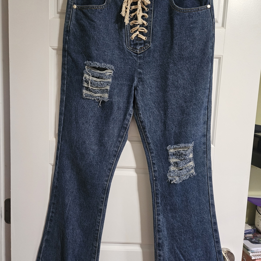 POL Dark Blue Lace-Up Cropped Jeans